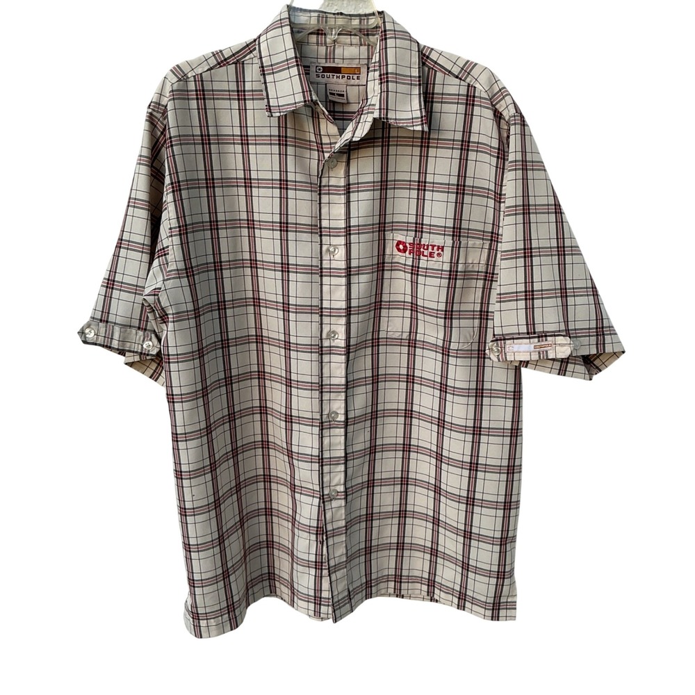 Southpole Plaid Button Down Shirt Mens Large‎ Y2K Tan Red Black Short Sleeve VTG